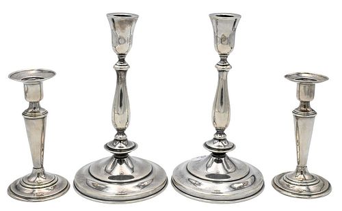 TWO PAIRS OF STERLING CANDLESTICKS,