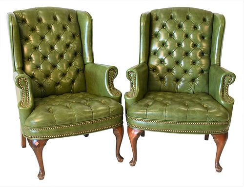 PAIR OF GREEN LEATHER WING CHAIRS,
