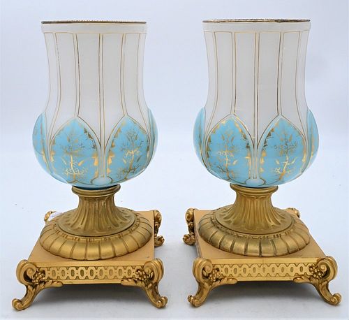 PAIR OF FRENCH OPALINE AND BRONZE