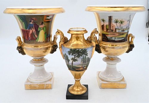 THREE FRENCH PORCELAIN URNS, TO