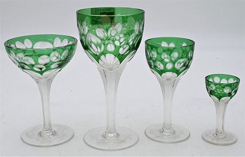 SET OF 41 GREEN CUT TO CLEAR STEMWARE,