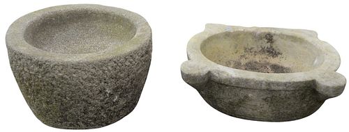 TWO CARVED OUTDOOR STONE PLANTERS  378128