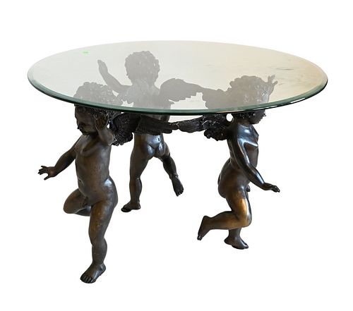 BRONZE TRIPLE CHERUB TABLE, HAVING