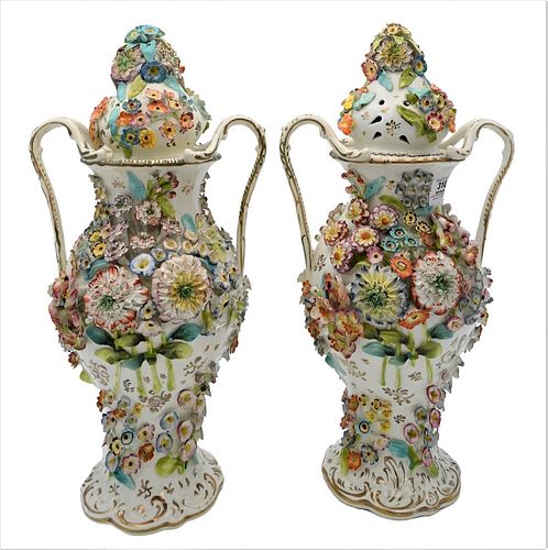 PAIR OF PORCELAIN COVERED URNS,