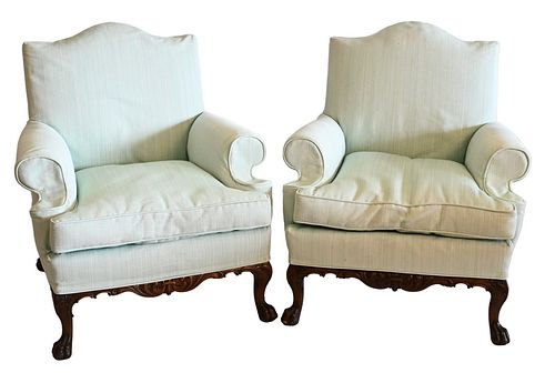 PAIR OF MAHOGANY ARMCHAIRS, HAVING