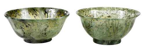 PAIR OF CHINESE SPINACH JADE BOWLScarved