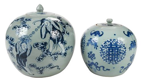 TWO CELADON AND BLUE AND WHITE