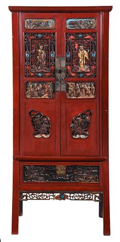 CHINESE RED LACQUER CARVED AND