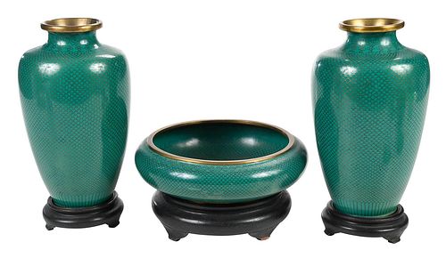 THREE CHINESE CLOISONNE VASES AND