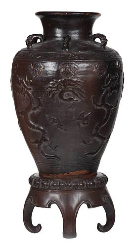 LARGE CHINESE BROWN GLAZED EARTHENWARE