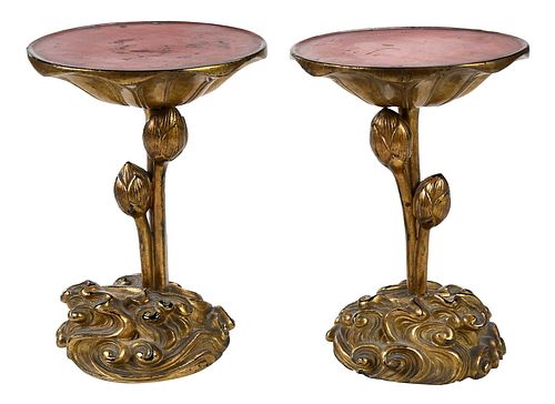 PAIR GILT AND LACQUERED LOTUS STANDSeach