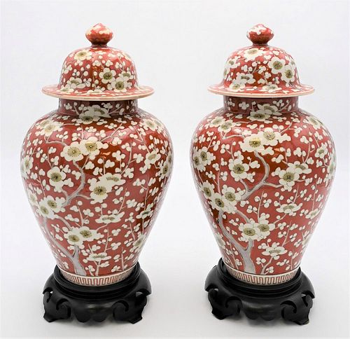 PAIR OF CHINESE APPLE BLOSSOM COVERED