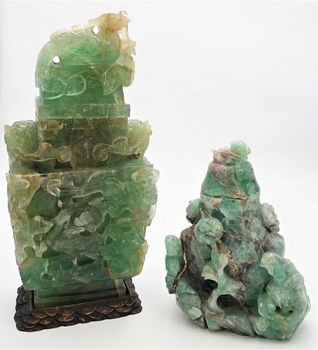 TWO GREEN QUARTZ COVERED URNS TO 3784a0