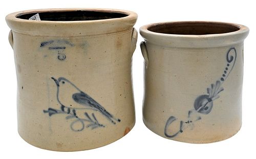 TWO STONEWARE CROCKS HAVING BLUE