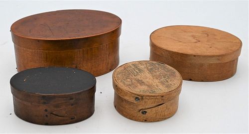 FOUR SMALL BENTWOOD BOXES TWO SHAKER