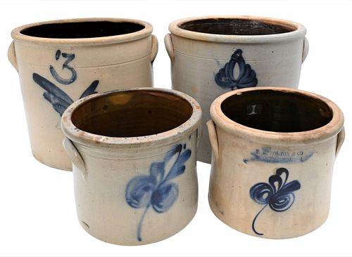 FOUR STONEWARE CROCKS ONE MARKED F.B.