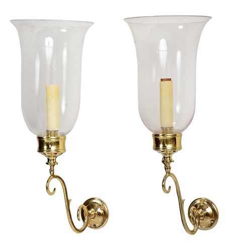 PAIR EARLY BRASS AND GLASS WALL 378734