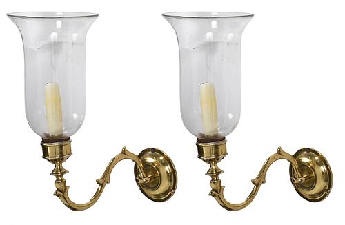 PAIR EARLY BRASS AND GLASS WALL 37873d