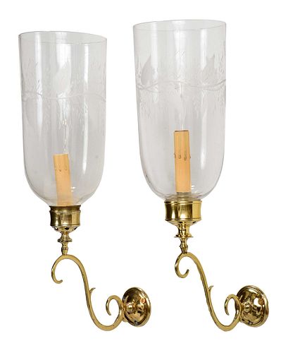 PAIR OF EARLY BRASS AND GLASS WALL 37874e