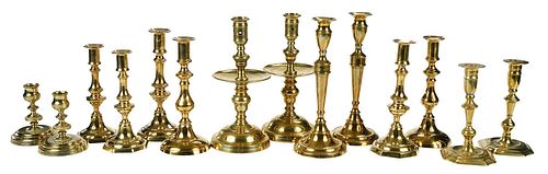 SEVEN PAIRS OF ENGLISH BRASS CANDLESTICKS18th 378804