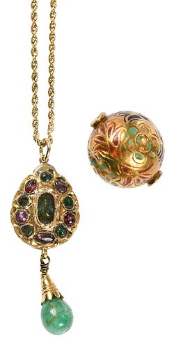 TWO PIECES GOLD, GEMSTONE AND ENAMEL