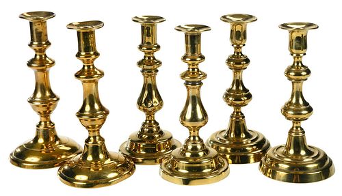 THREE PAIRS OF GEORGIAN BRASS CANDLESTICKSEngland  378974