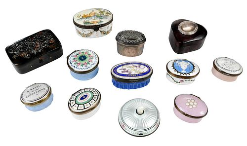 11 BRITISH PILL BOXES, ENAMEL AND