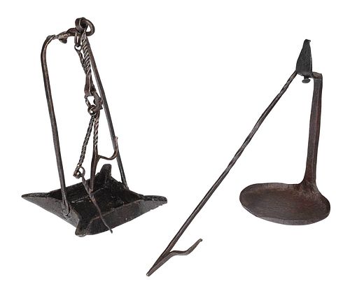 TWO WROUGHT IRON PAN LAMPS18th