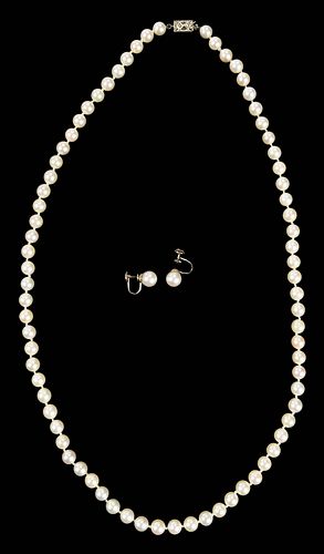 14KT. PEARL NECKLACE AND EARCLIPSnecklace,