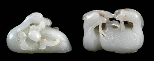 TWO CHINESE CARVED WHITE JADE SWANScomprising