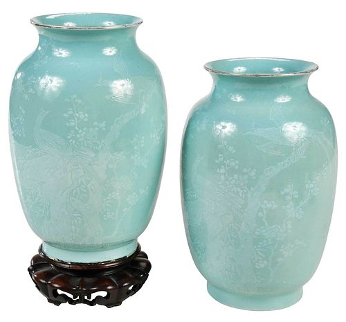 PAIR OF CHINESE GREEN CELADON SLIP DECORATED