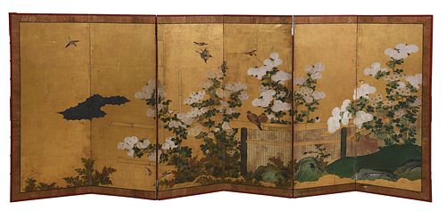 ASIAN PAINTED SIX PANEL FLOOR SCREENpossibly 37675e