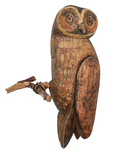 PAINTED FOLK ART CARVED WOOD OWLPainted 37681e