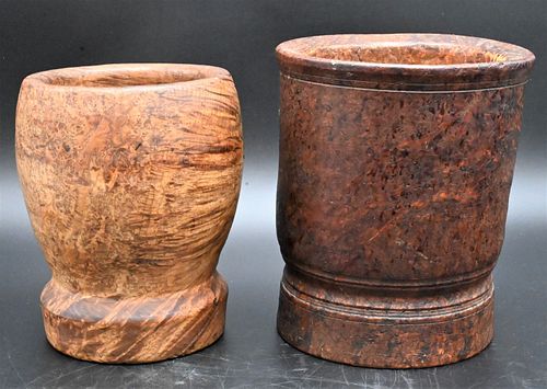 TWO EARLY BURL WOOD MORTARSTwo