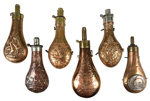 SIX ANTIQUE COPPER POWDER FLASKS19th 376ad0