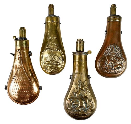 FOUR BRASS POWDER FLASKS19th century,