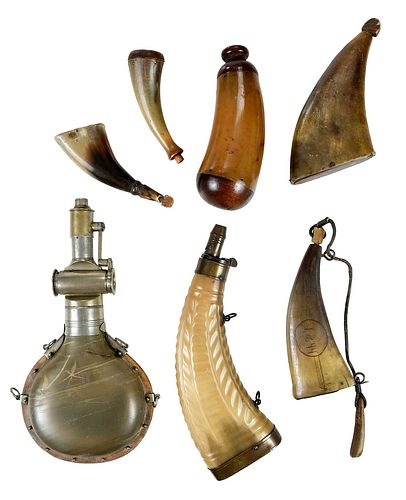 SEVEN ANTIQUE HORN POWDER FLASKS19th 376adf