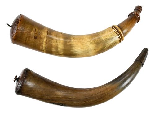 TWO POWDER HORNS ONE WITH ENGRAVED 376ae4