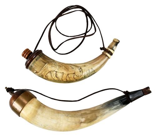 TWO POWDER HORNS, MODERN CONSTRUCTIONcarved