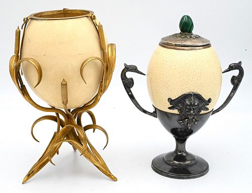 TWO OSTRICH EGG TABLE ORNAMENTS,