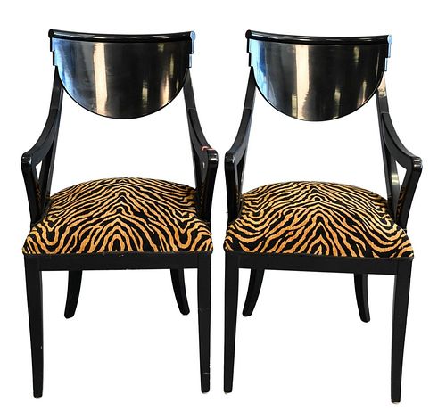 PAIR OF BLACK LACQUERED ARMCHAIRS,
