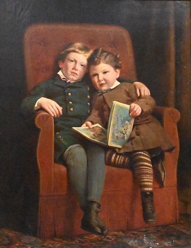 PORTRAIT OF TWO YOUNG BOYS READING 376b3b