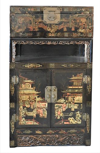 TWO PART CHINESE LACQUERED CABINET,