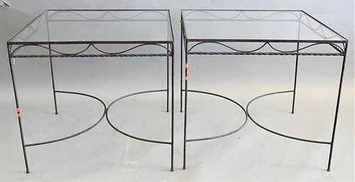 PAIR OF IRON GLASS TOP TABLES,