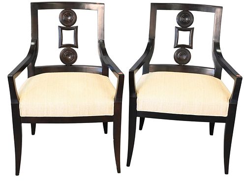 PAIR OF BAKER BLACK OPEN ARMCHAIRS,