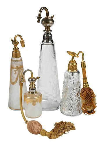 FOUR GILT, ETCHED, AND CUT GLASS ATOMIZERSearly