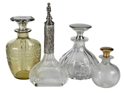 FOUR CUT AND ETCHED GLASS PERFUMES,