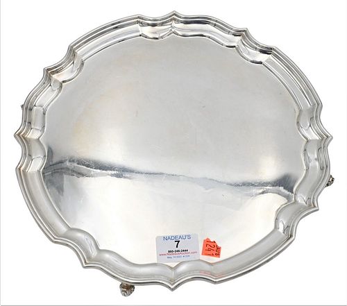 SILVER SALVER, ON SCROLLED FEET,