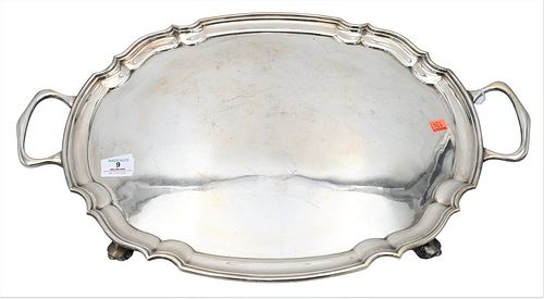 SILVER TWO HANDLE TRAY, ON SCROLLED