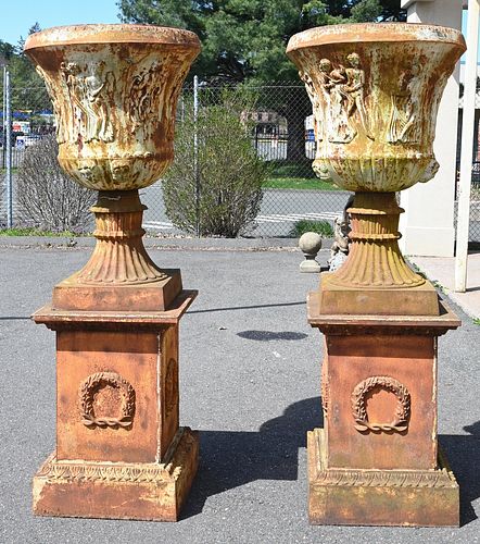 PAIR OF LARGE IRON URNS ON PEDESTALS,